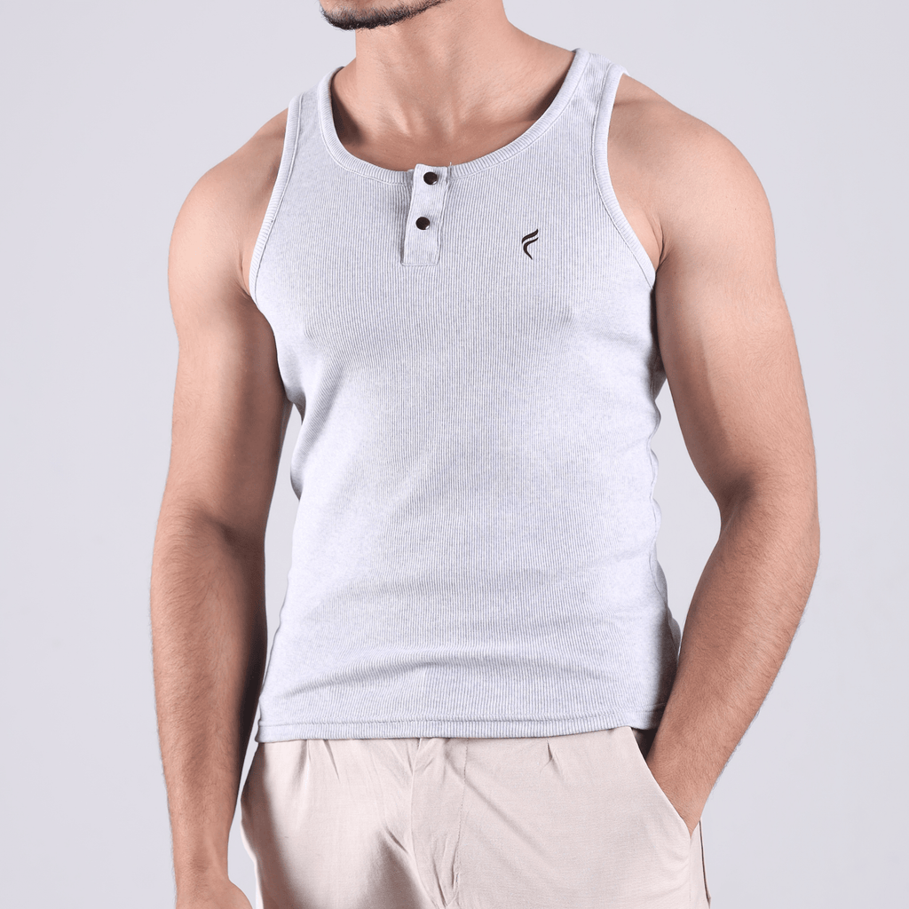 Henley Ribbed Tank White 220 GSM - Organic Cotton
