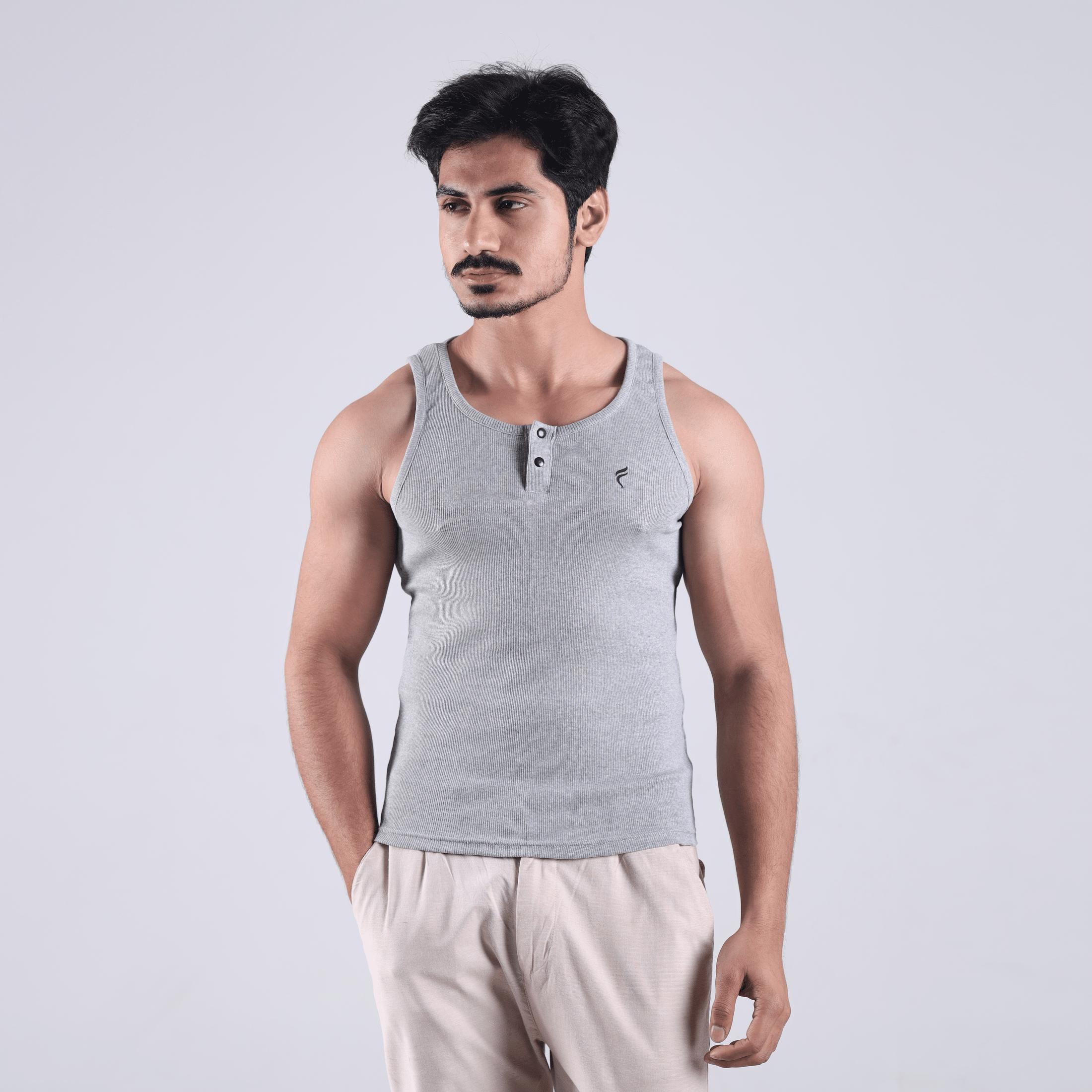Henley Ribbed Tank Grey 220 GSM - Organic Cotton