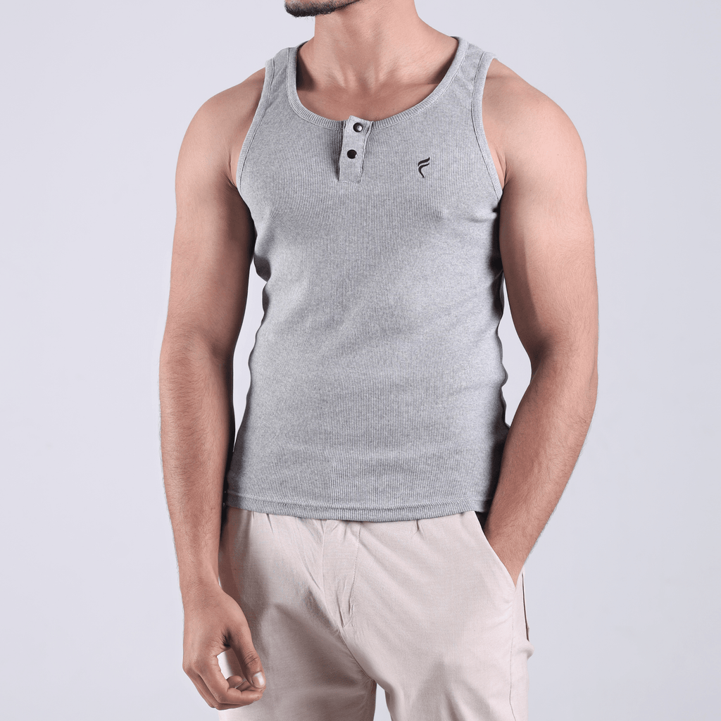 Henley Ribbed Tank Grey 220 GSM - Organic Cotton