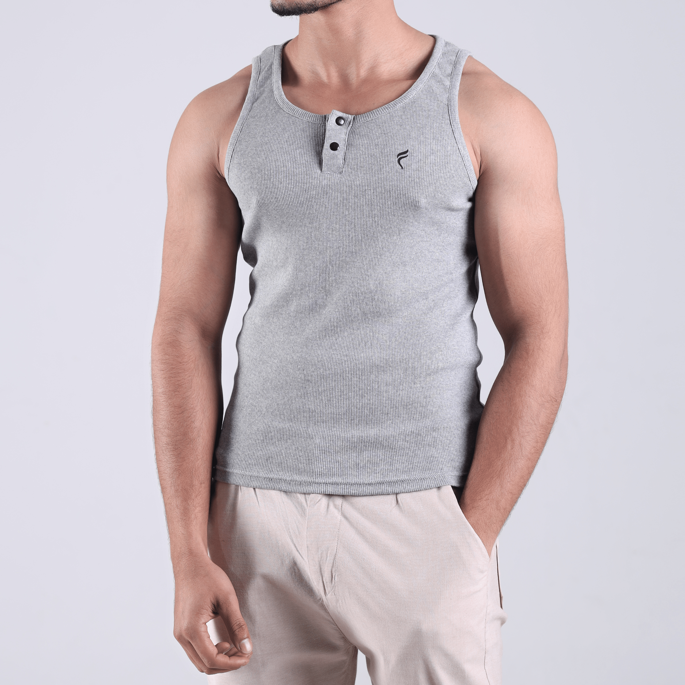 Henley Ribbed Tank Grey 220 GSM - Organic Cotton
